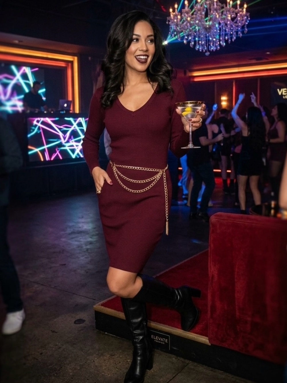Deep V-Neck Long Sleeve Burgundy Dress with Adjustable Chain Detail. Size XS